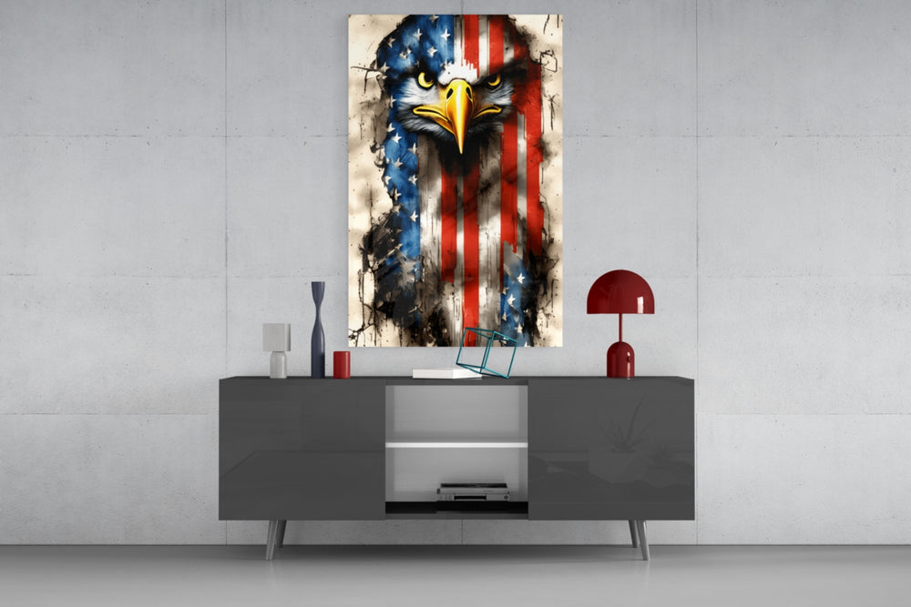 American Eagle panel catching lamp light to reveal its painterly grit