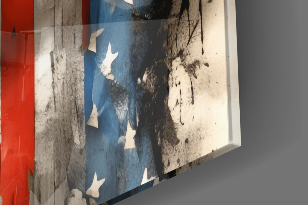 Flagged-muse artwork anchoring a wall with scarlet-and-cobalt palette