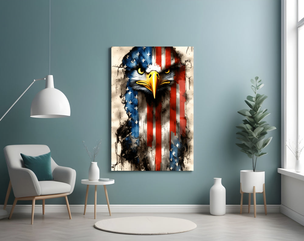 American Eagle glass wall art styled above a sideboard in a media room