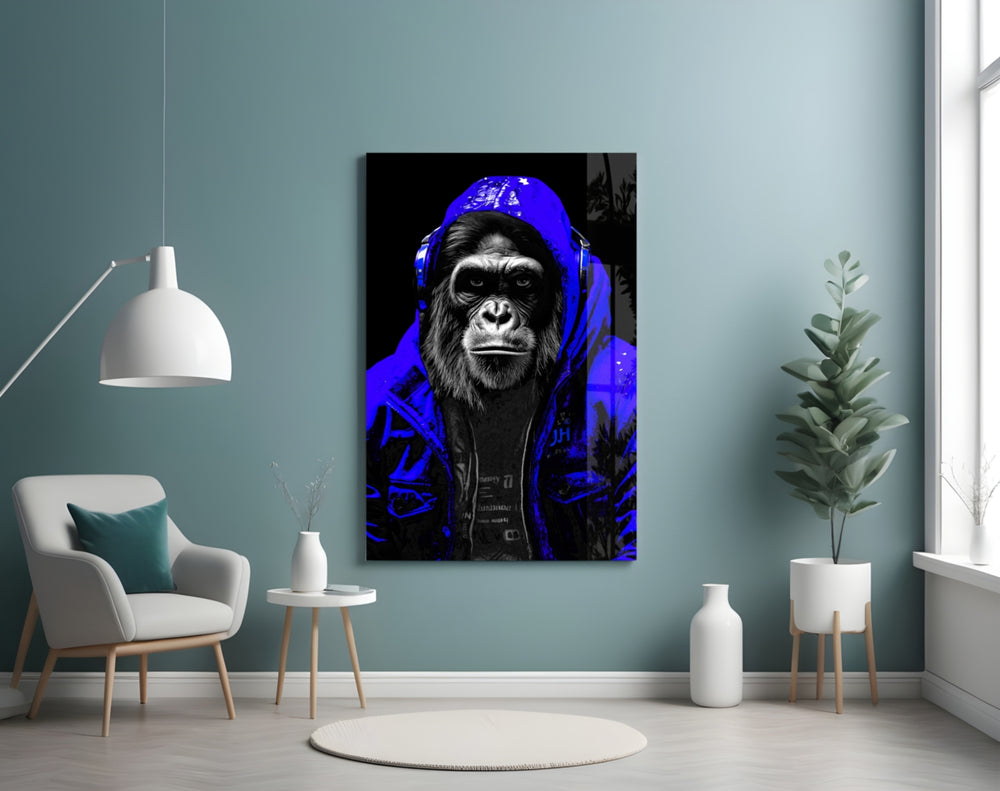 The Ape glass wall art styled above a desk in a teen bedroom