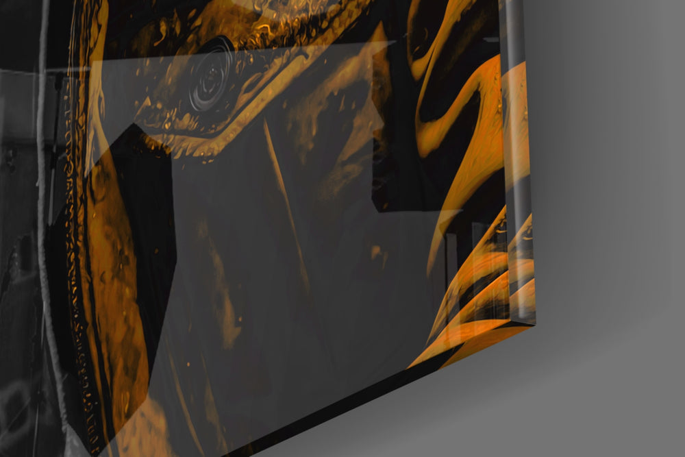Hooded-muse artwork anchoring a wall with tangerine-and-onyx palette