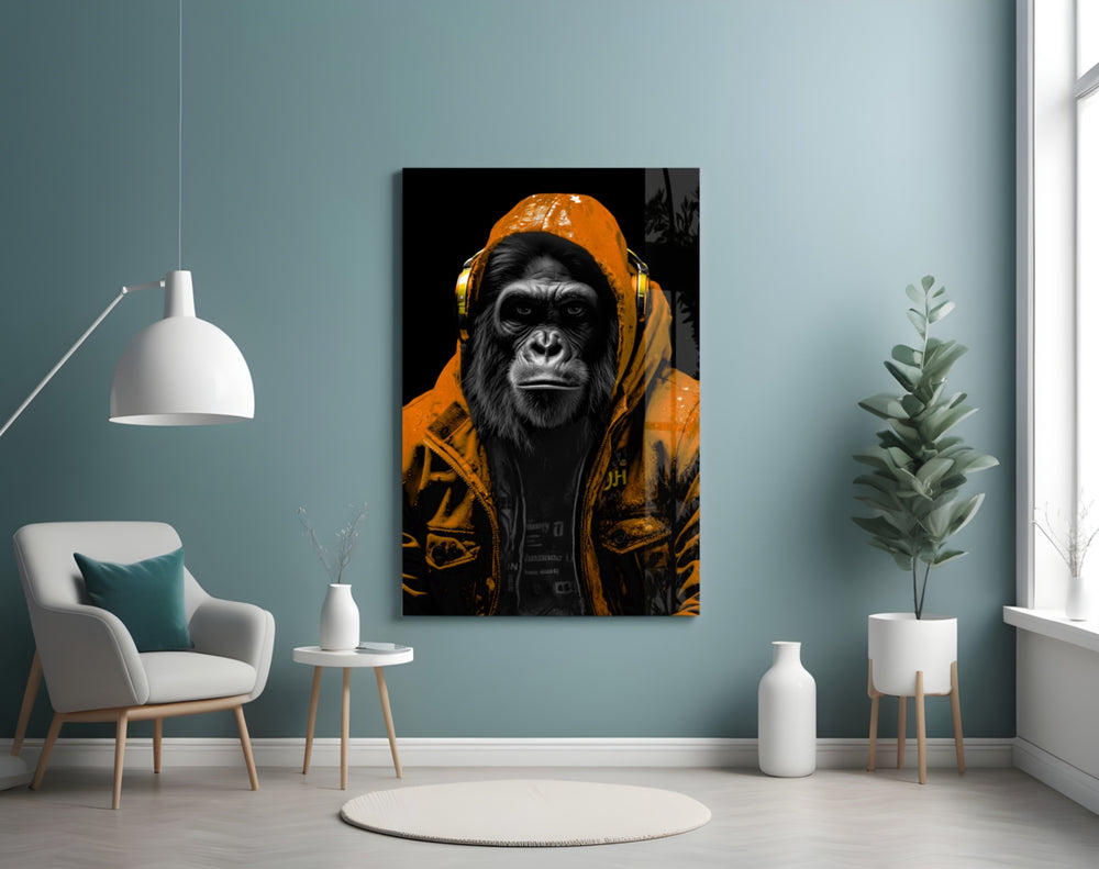 The Ape glass wall art styled above a desk in a teen bedroom