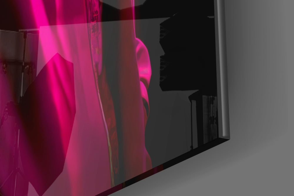 Runway-muse artwork anchoring a wall with magenta-and-cyan palette