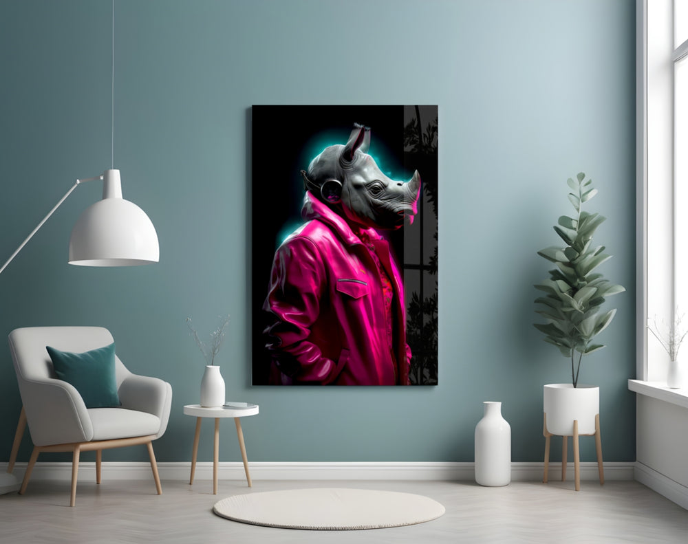 Rhino in Style glass wall art styled above a sideboard in a media room