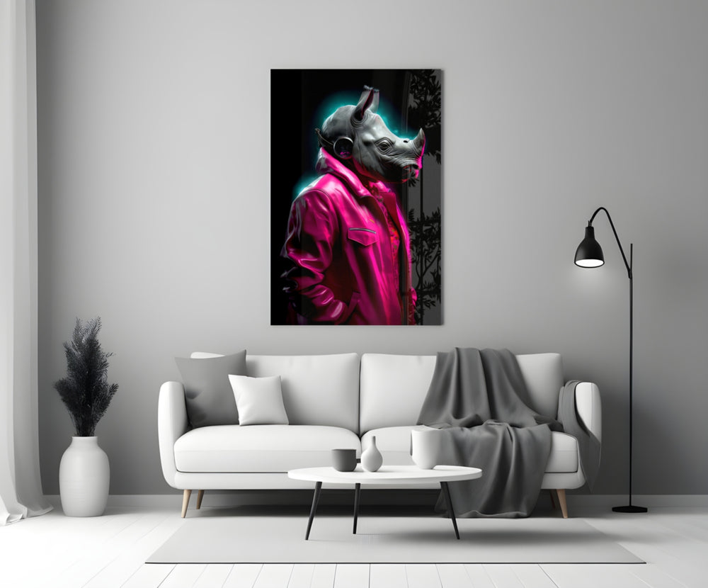 Rhino in Style close-up showing magenta leather jacket and cyan rim halo