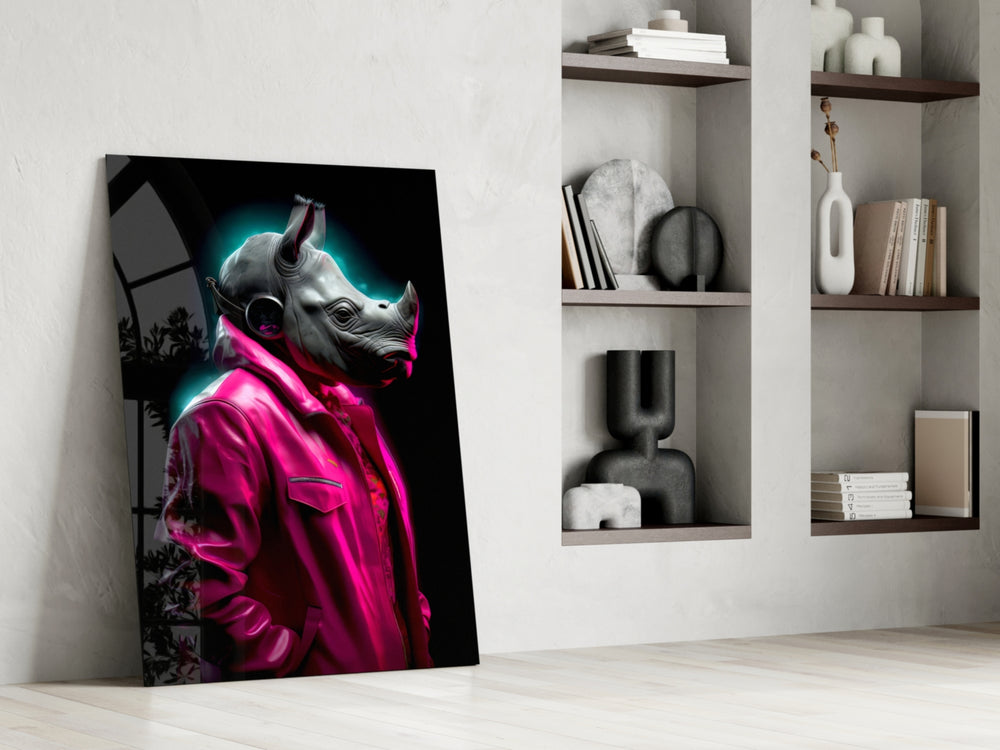 Rhino in Style glass print enhancing a powder room with statement palette