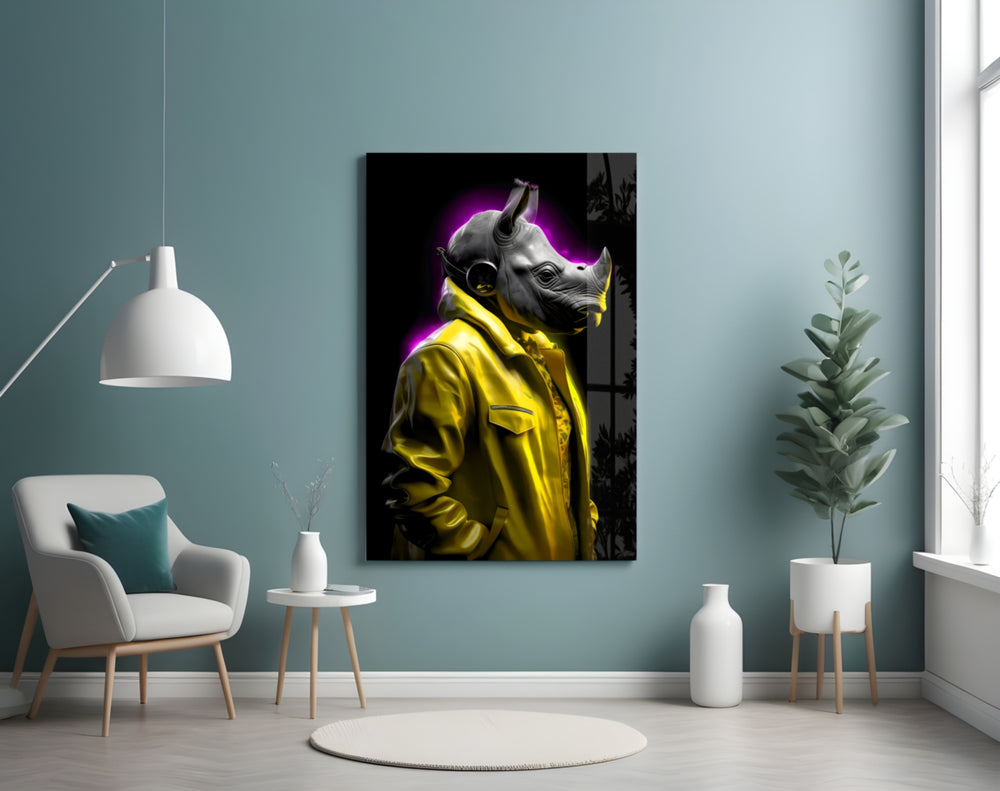Rhino in Style glass wall art styled above a sideboard in a media room