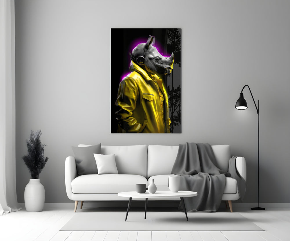Rhino in Style close-up showing canary leather jacket and magenta rim halo