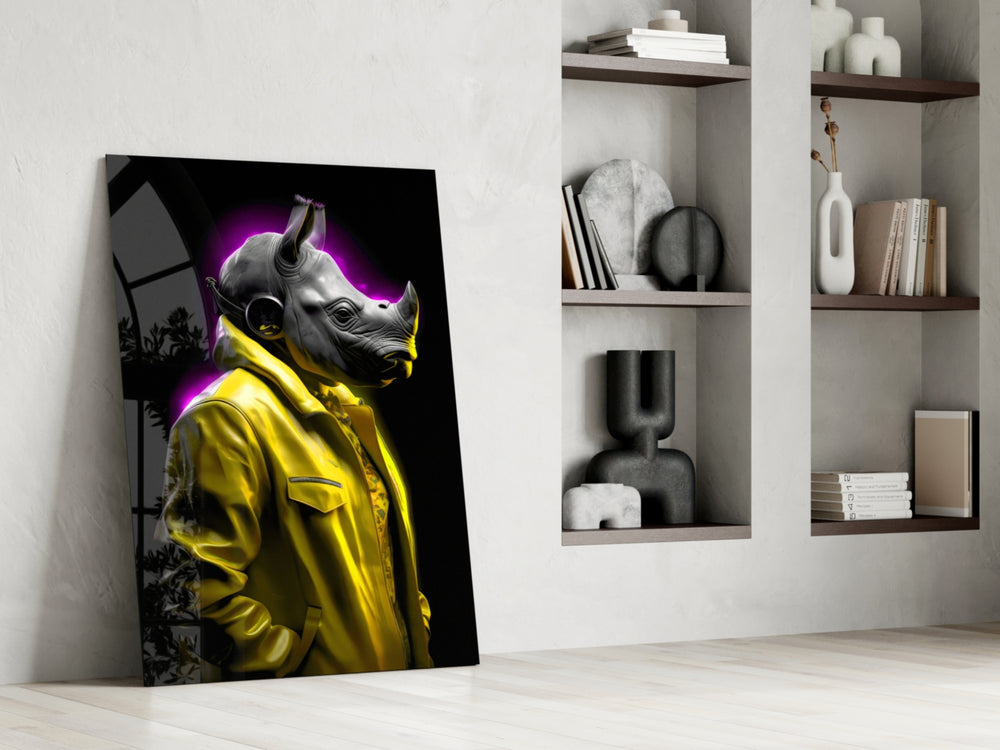 Rhino in Style glass print enhancing a powder room with statement palette