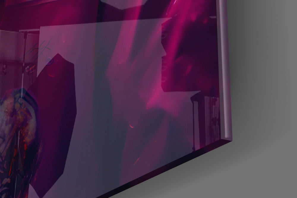Streetwear-muse artwork anchoring a wall with magenta-and-bokeh palette