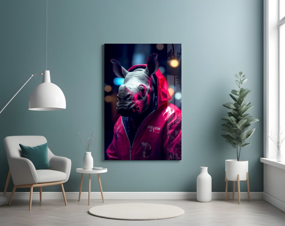 Rhino in Night glass wall art styled above a desk in a teen bedroom