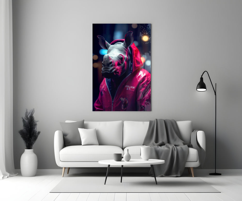 Rhino in Night close-up showing magenta rain jacket and city bokeh