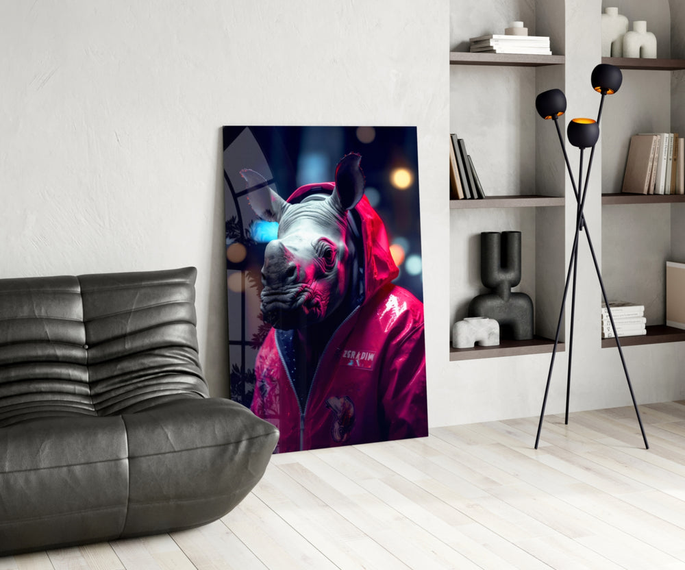 Rhino in Night panel adding editorial pulse to a hallway