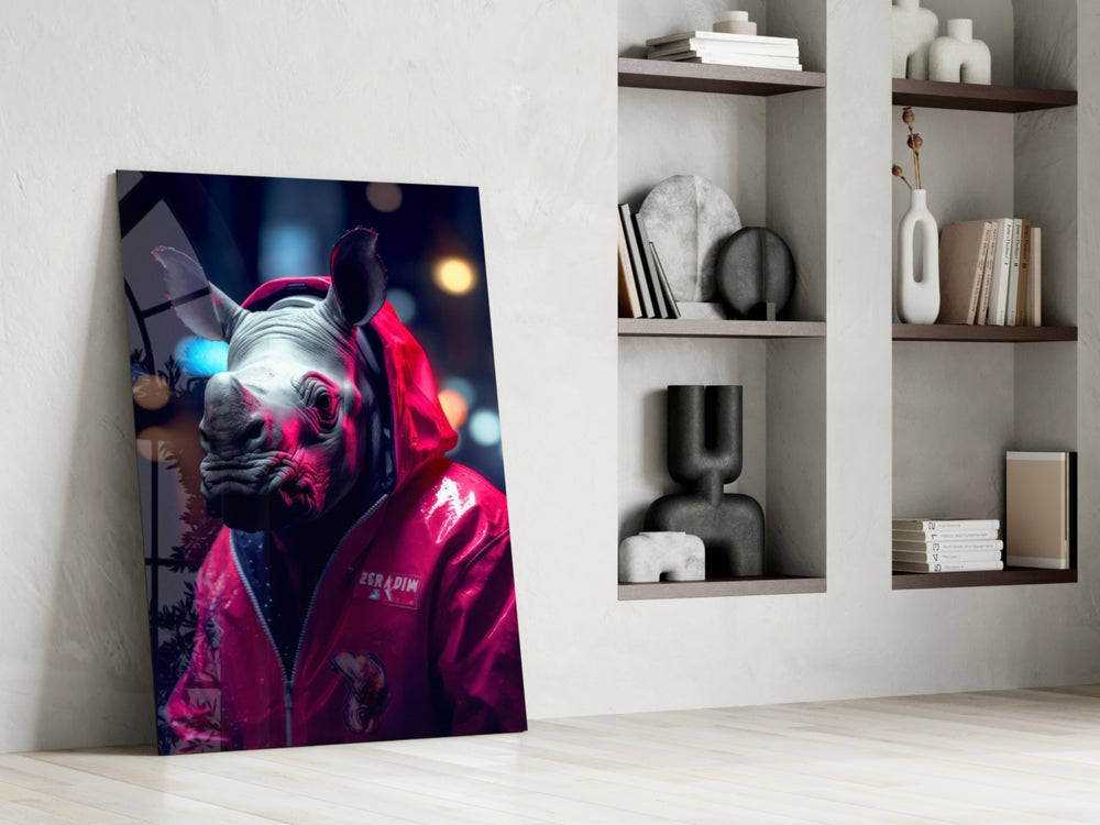 Rhino in Night glass print enhancing a den with statement palette