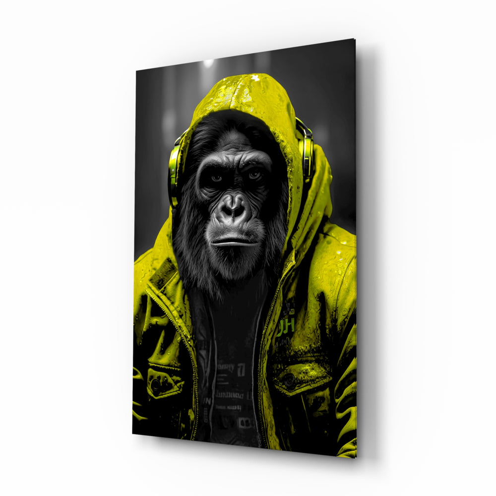 Rebellios Ape glass wall art displayed above a leather sofa in a contemporary media room