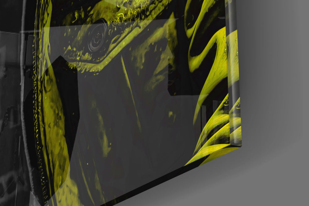 Hooded-muse artwork anchoring a wall with canary-and-graphite palette