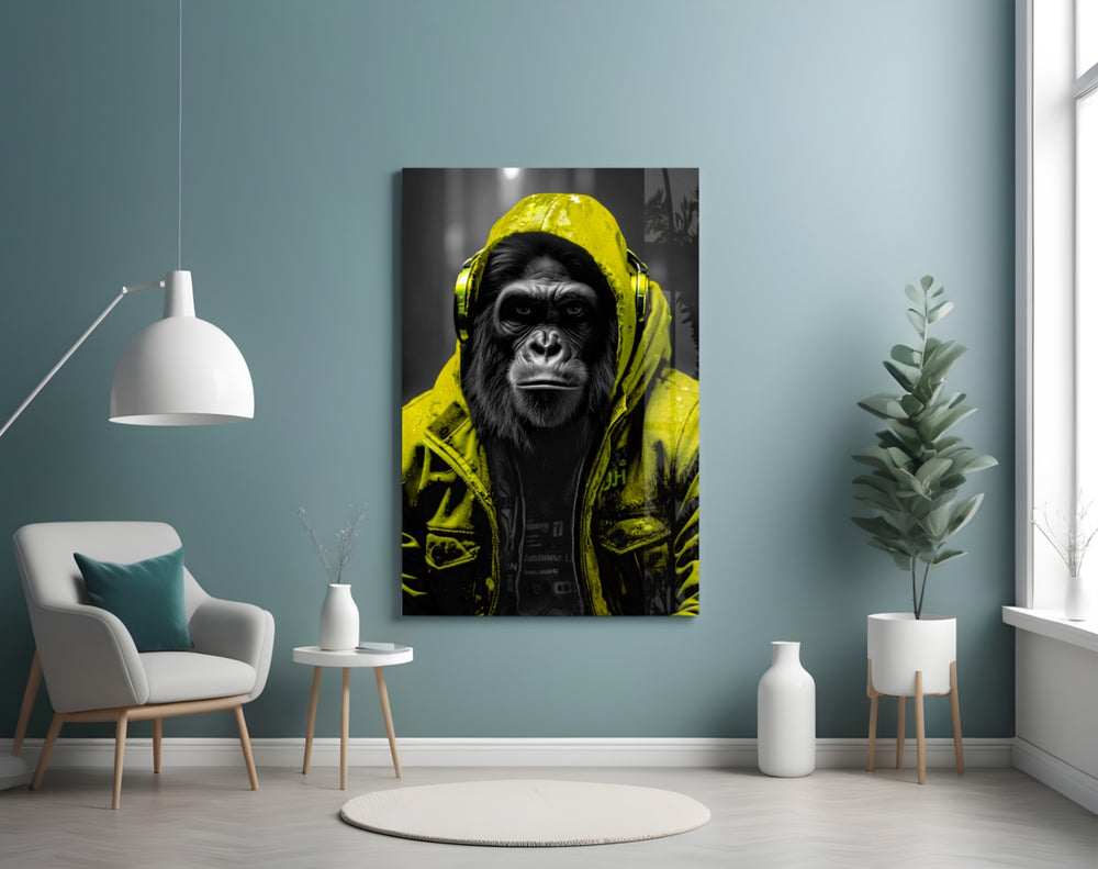 Rebellios Ape glass wall art styled above a desk in a teen bedroom
