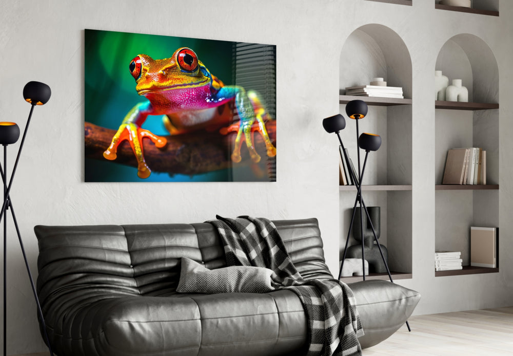 Froglet glass wall art styled above a velvet bench in a powder room