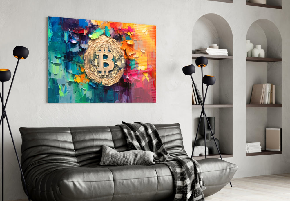 Bitcoin glass wall art styled above a leather sofa in a media room