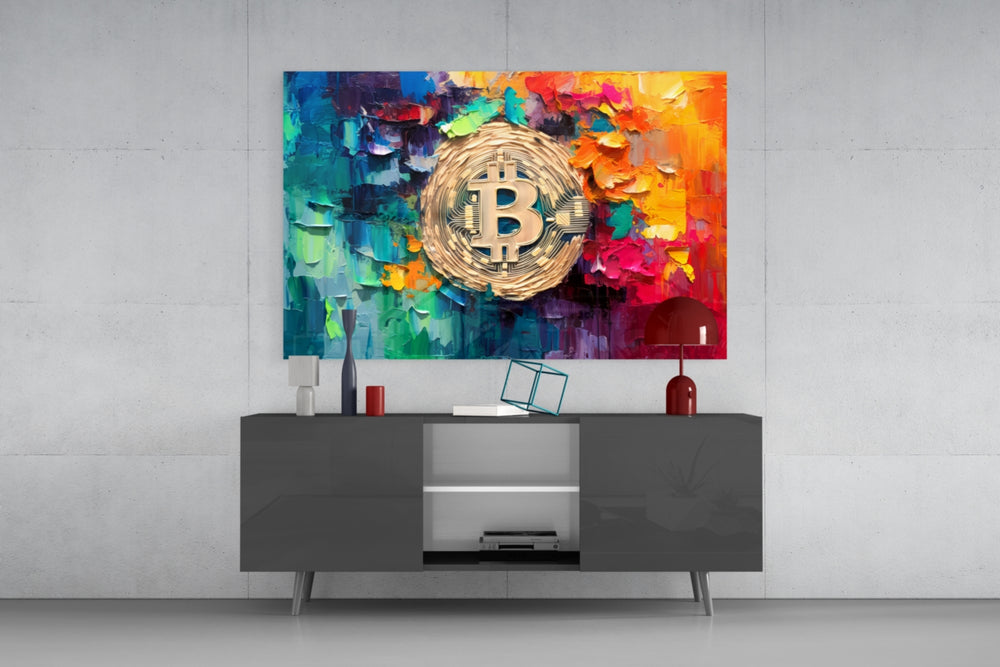 Bitcoin panel catching lamp light to reveal its painterly weight
