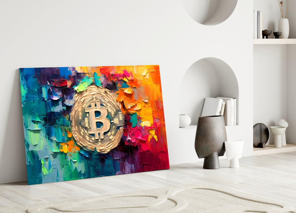 Bitcoin close-up showing gold coin amid impasto rainbow palette knife