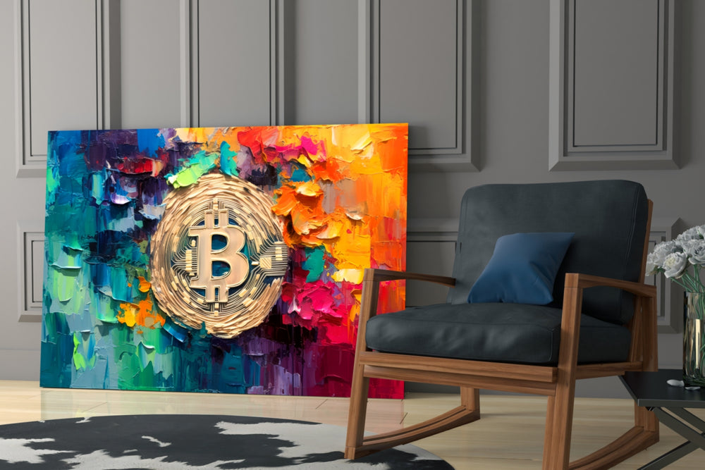 Bitcoin glass print enhancing a den with statement palette