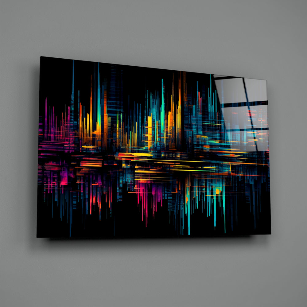 Data-stream panel bringing painterly pulse to a moody media room