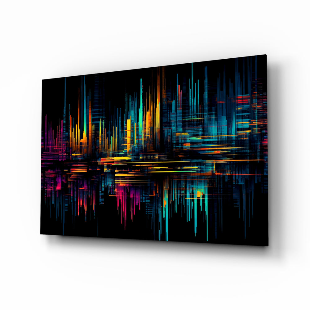 Color Stream glass wall art displayed above a desk in a contemporary home office