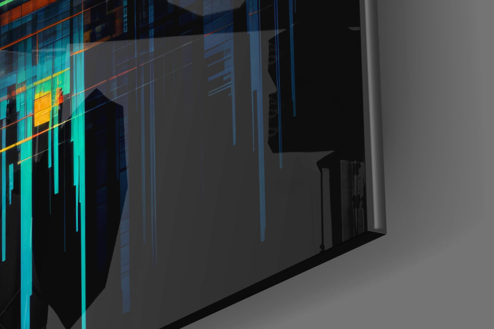 Glitch-muse artwork anchoring a wall with magenta-and-cyan palette