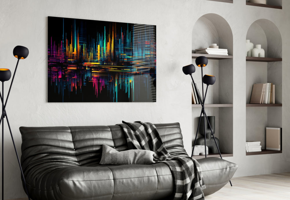 Color Stream glass wall art styled above a leather sofa in a man cave