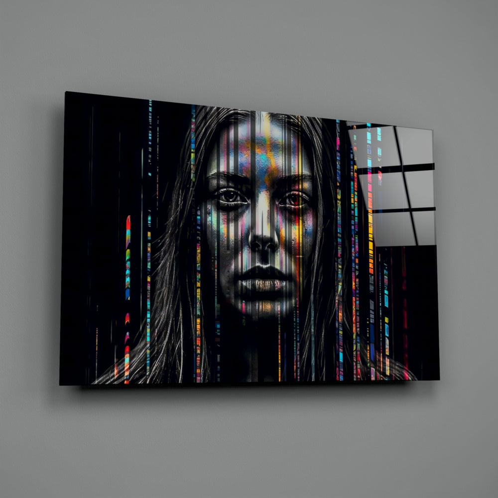 Glitch-portrait panel bringing cinematic glow to a moody media room