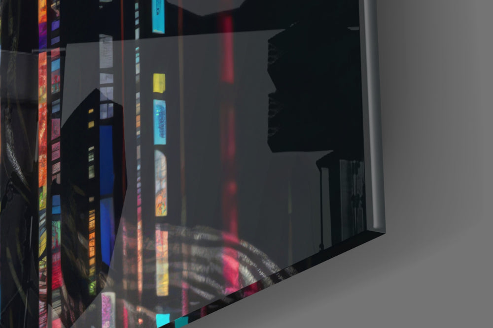 Data-muse artwork anchoring a wall with magenta-and-graphite palette