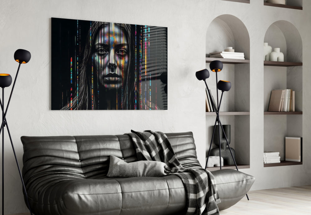 Color Stream glass wall art styled above a velvet bench in a salon