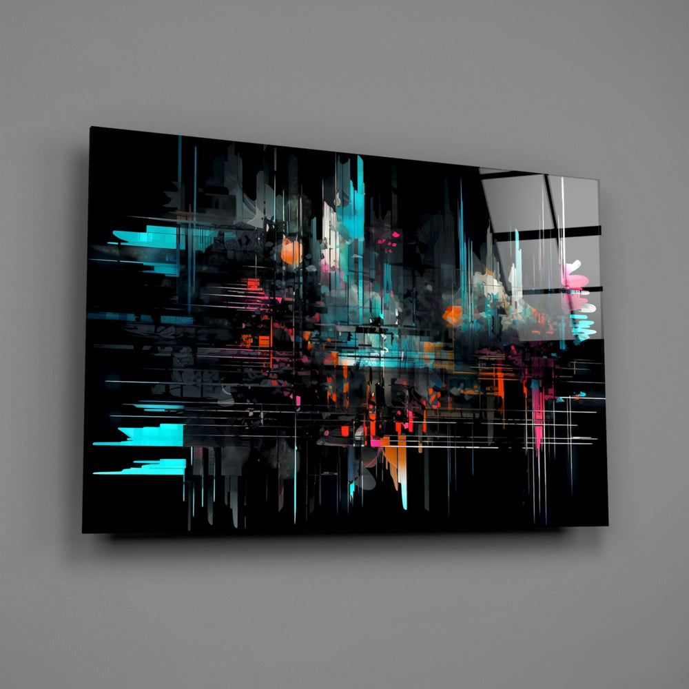 Glitch-stick panel bringing painterly pulse to a moody media room