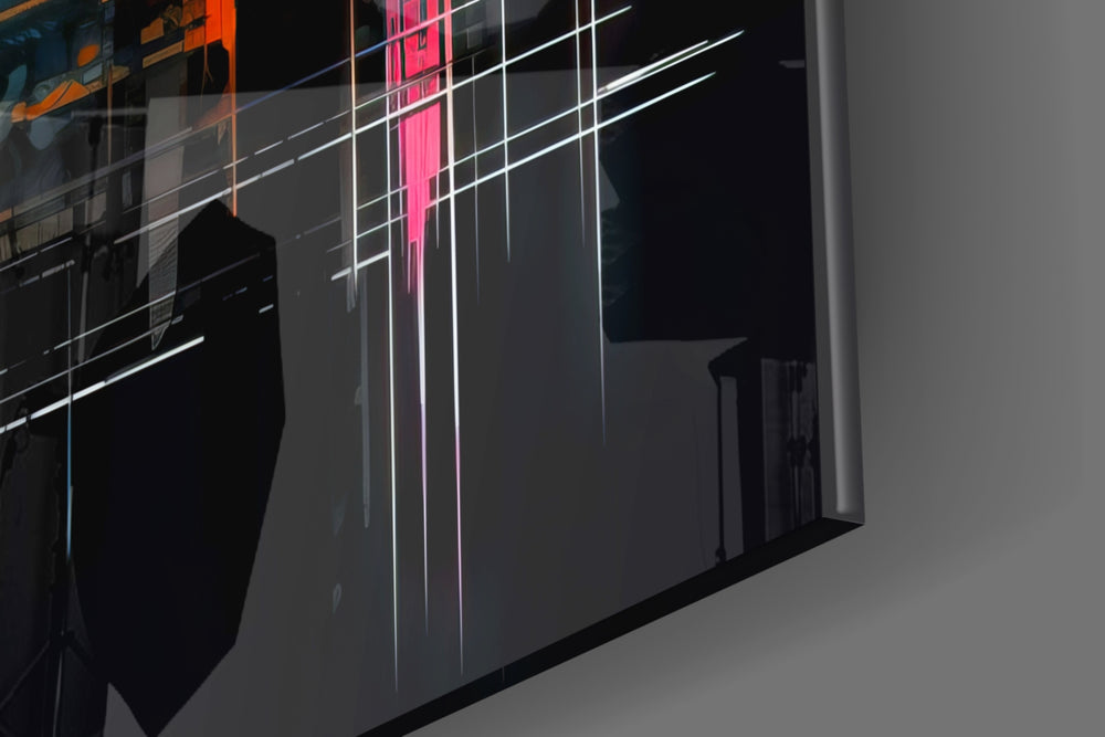 City-muse artwork anchoring a wall with cyan-and-magenta palette