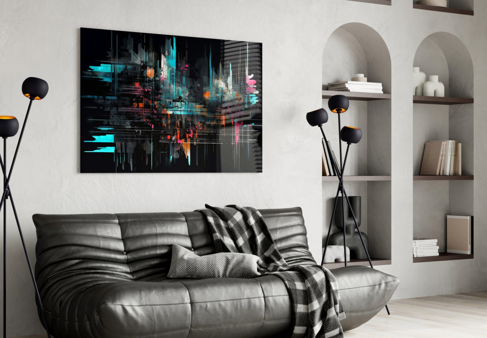 Color Sticks glass wall art styled above a leather sofa in a man cave