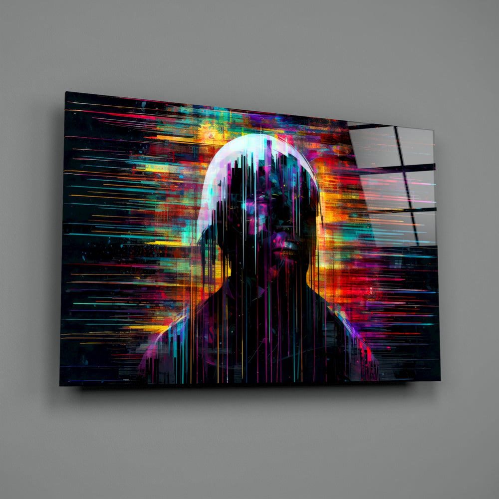 Glitch-stick-portrait panel bringing painterly pulse to a moody media room