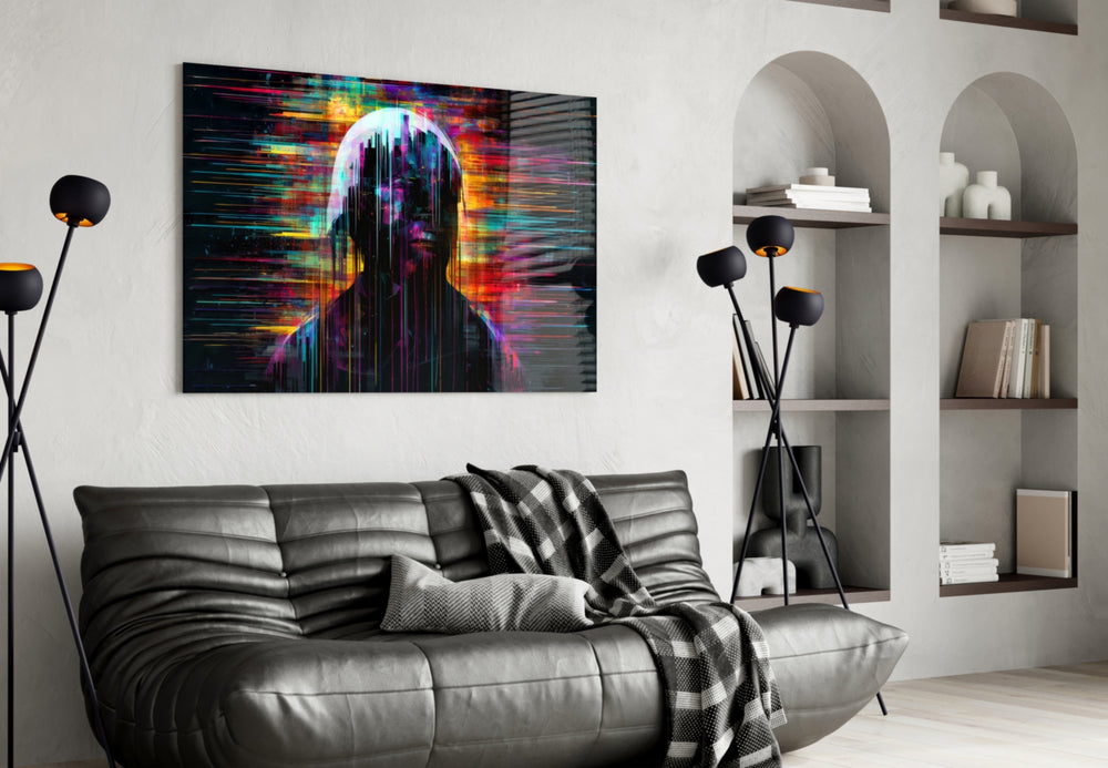 Shadow of Color Sticks glass wall art styled above a sideboard in a man cave
