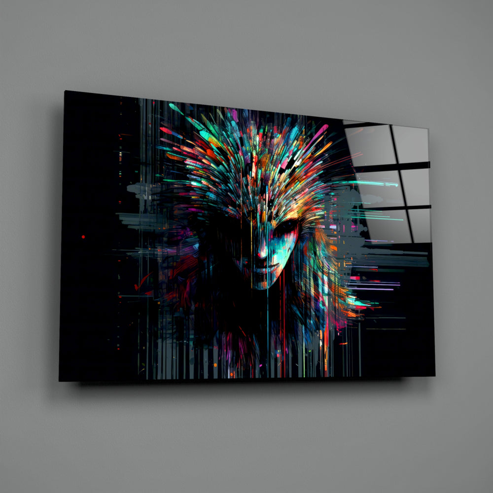 Glitch-stick-portrait panel bringing painterly pulse to a moody media room