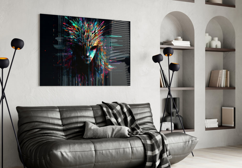 Face of Color Sticks glass wall art styled above a leather chesterfield in a study