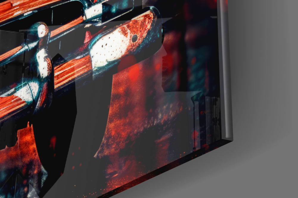 Chrome-muse artwork anchoring a wall with crimson-and-teal palette