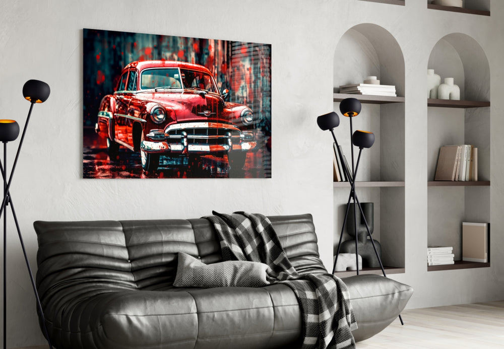 Vintage American Car glass wall art styled above a sideboard in a garage office