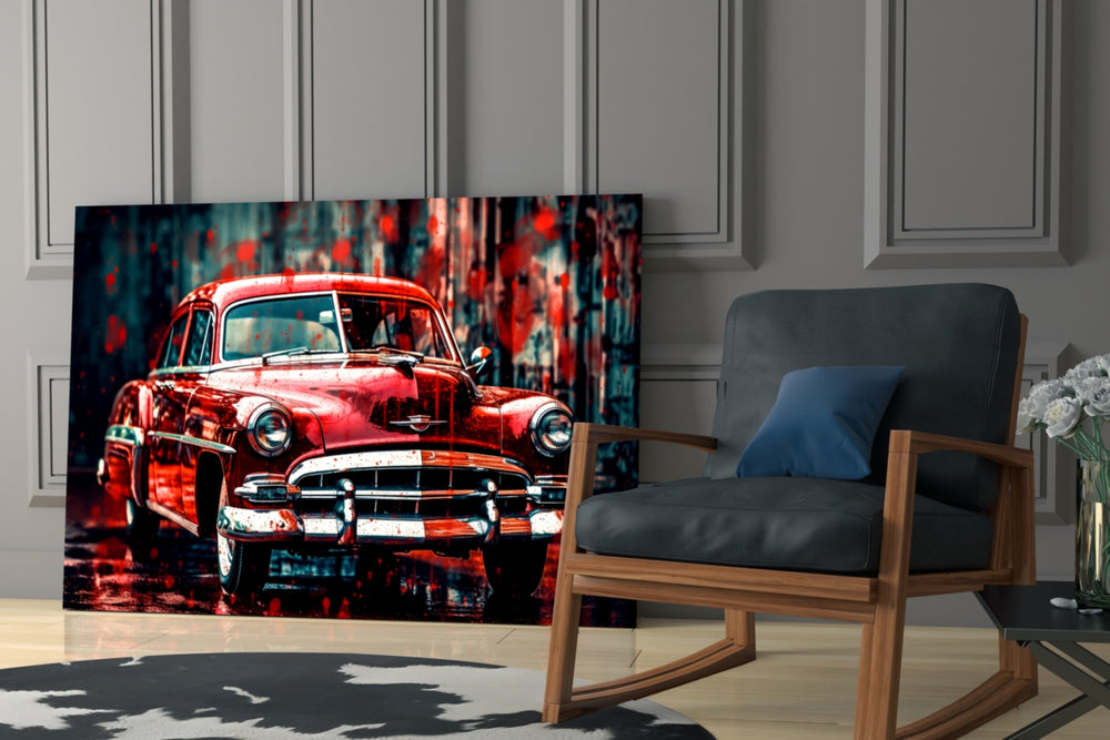 Vintage American Car glass print enhancing a den with retro-modern palette