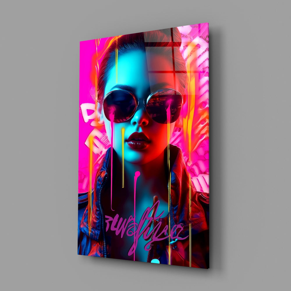 Cyberpunk-pop panel bringing cinematic glow to a contemporary dressing room