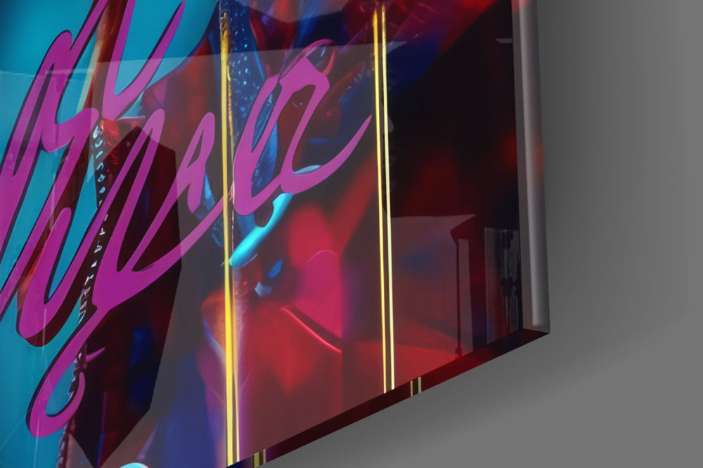 Neon-muse artwork anchoring a wall with magenta-and-cyan palette