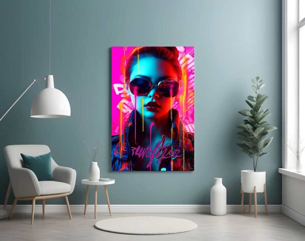 Stylish Woman glass wall art styled above a sideboard in a media room