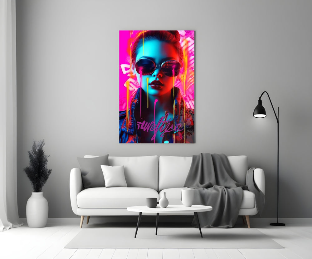 Stylish Woman close-up showing magenta-and-cyan rim light and color drips