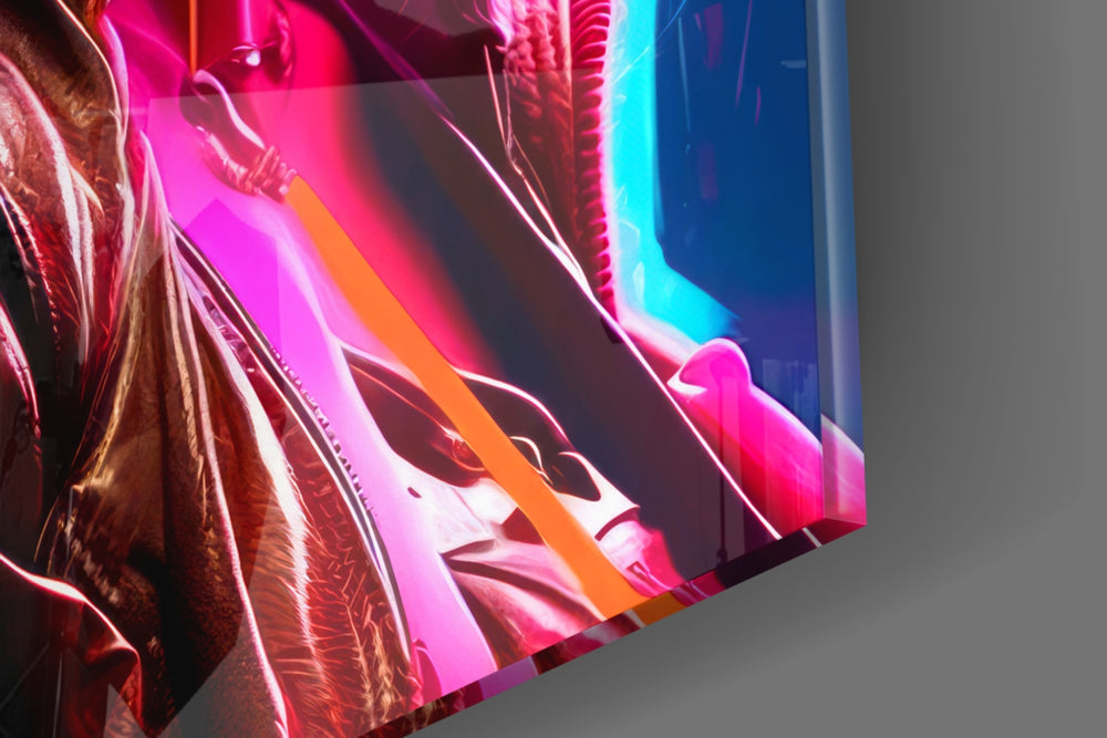 Braided-muse artwork anchoring a wall with magenta-and-cyan palette