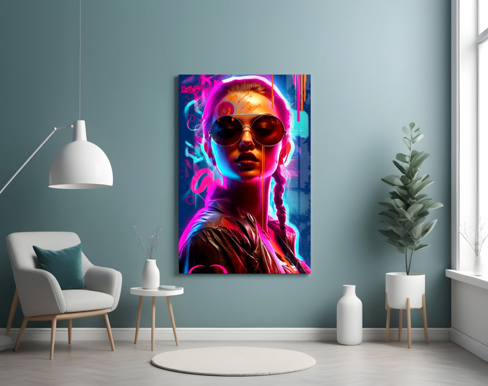 Stylish Woman glass wall art styled above a sideboard in a media room