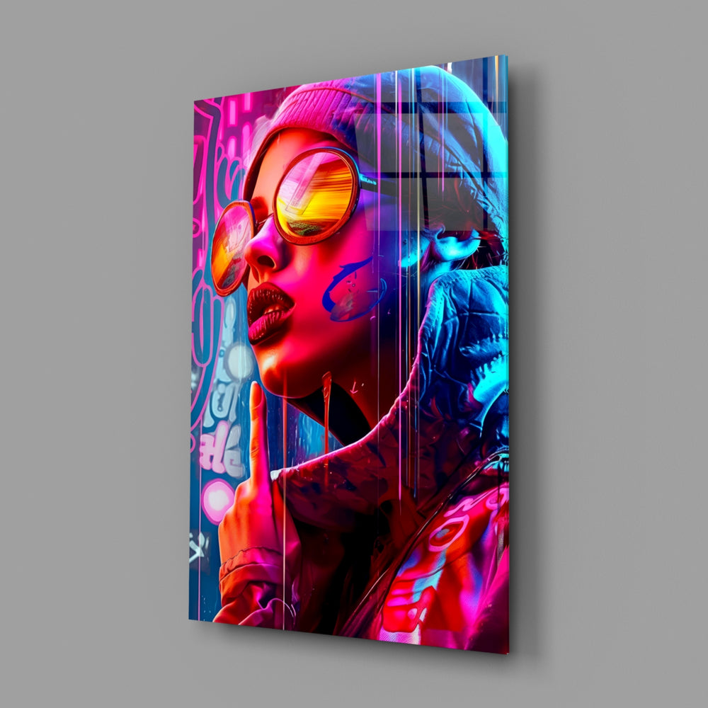 Cyberpunk-pop panel bringing cinematic glow to a contemporary dressing room